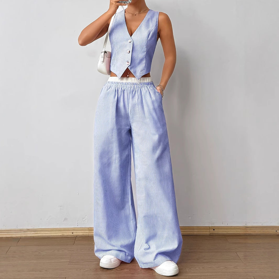 HELENA™ - Elegantes gestreiftes Westentop & Hose mit weitem Bein Set