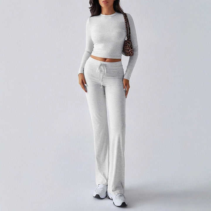 KUTIS™ – Freizeit-Set aus bauchfreiem Oberteil mit Rundhalsausschnitt und hoch taillierter Hose mit Kordelzug