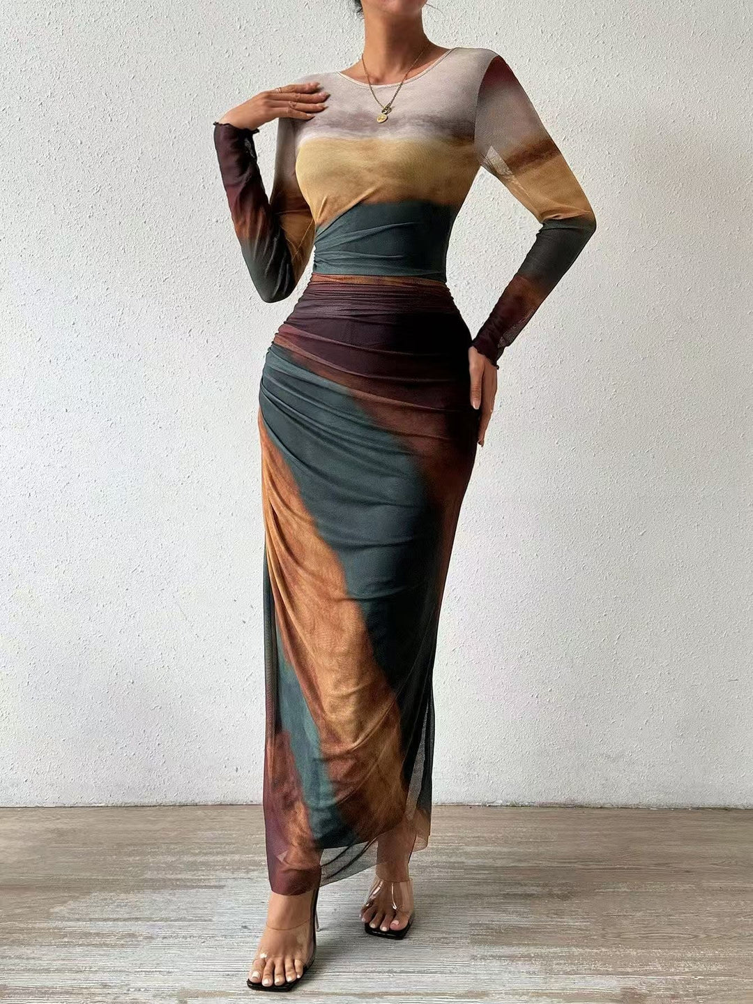 TORINA™ - Gemütliches, bedrucktes, langärmeliges Bodycon-Maxikleid mit Rundhalsausschnitt