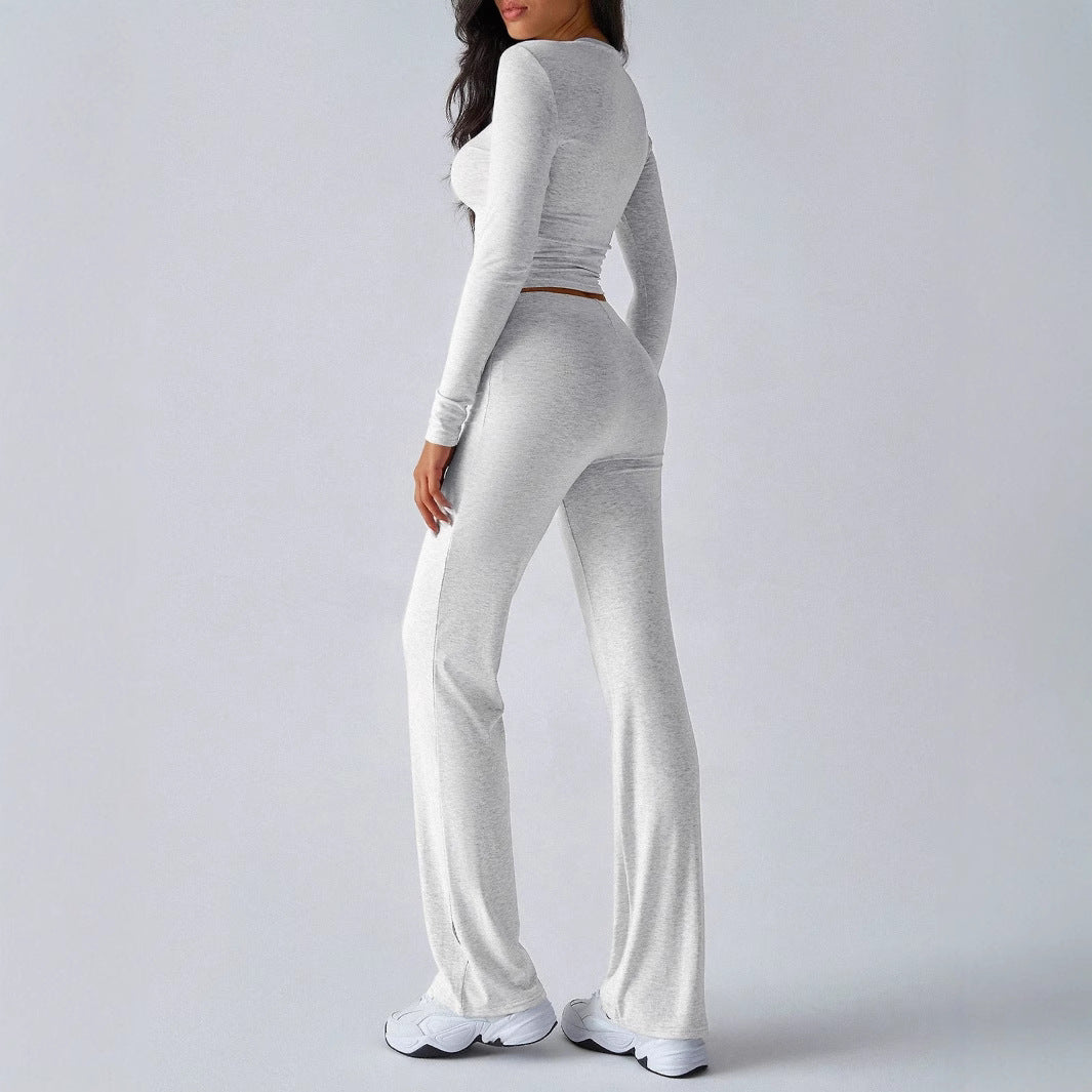 KUTIS™ – Freizeit-Set aus bauchfreiem Oberteil mit Rundhalsausschnitt und hoch taillierter Hose mit Kordelzug