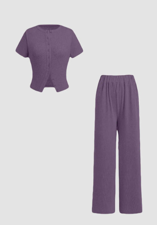 MIRANDA™ - Legeres Oberteil mit Knopfleiste und Hose mit weitem Bein Set