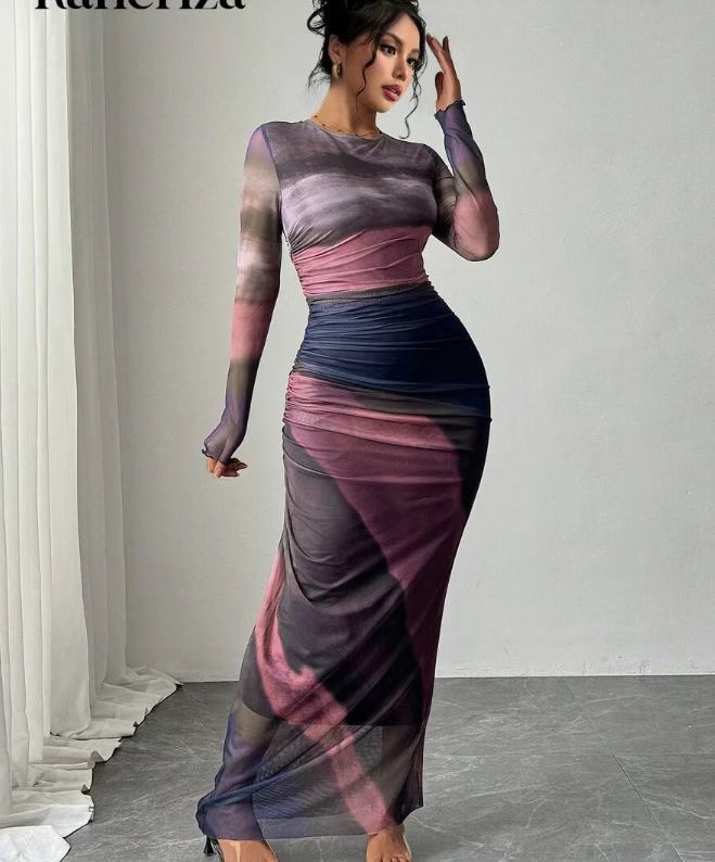 TORINA™ - Gemütliches, bedrucktes, langärmeliges Bodycon-Maxikleid mit Rundhalsausschnitt