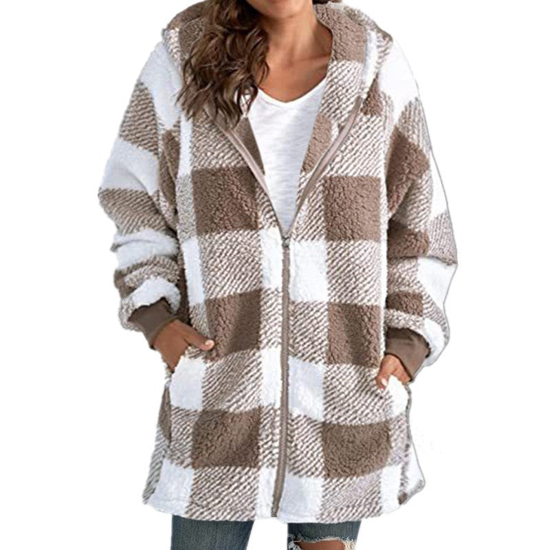 ARABELLA™ - Karierter Fleece-Langarm-Kapuzenmantel
