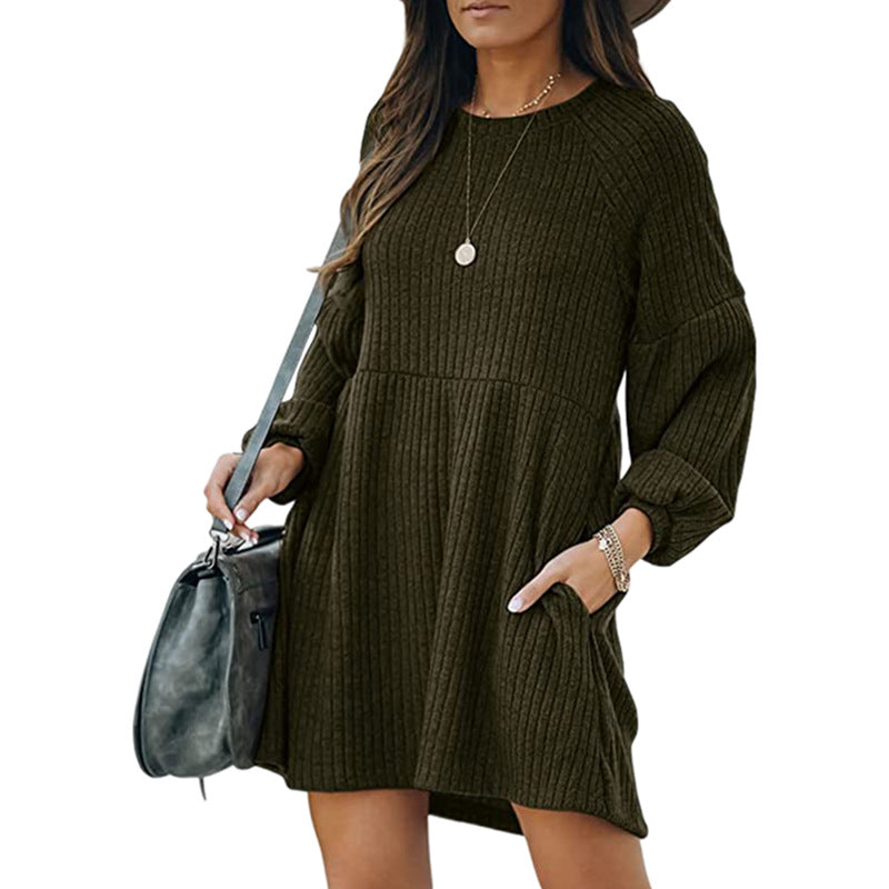 SAKA™ - Gemütliches geripptes Mini-Kleid mit Rundhalsausschnitt und Bischofsärmeln