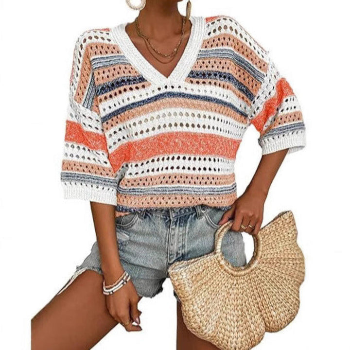 KELISE™ – Lässiges gestreiftes Häkel-V-Ausschnitt-Sommer-Top