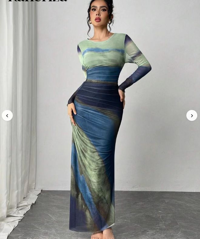 TORINA™ - Gemütliches, bedrucktes, langärmeliges Bodycon-Maxikleid mit Rundhalsausschnitt