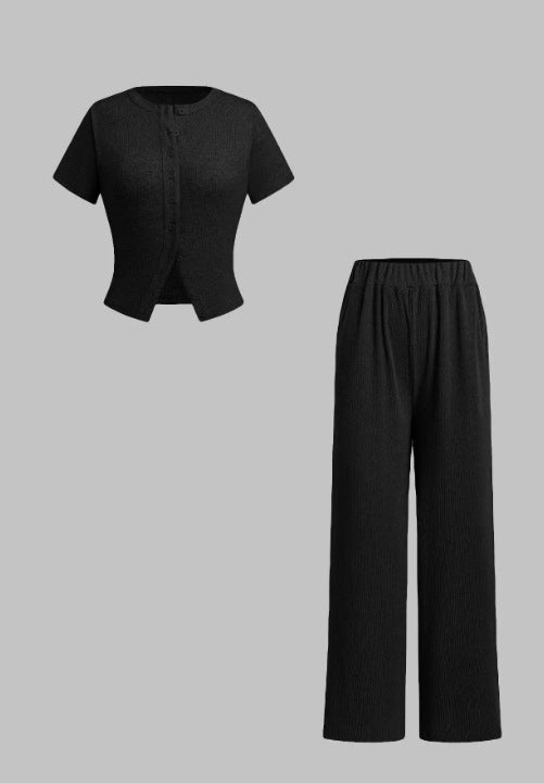 MIRANDA™ - Legeres Oberteil mit Knopfleiste und Hose mit weitem Bein Set