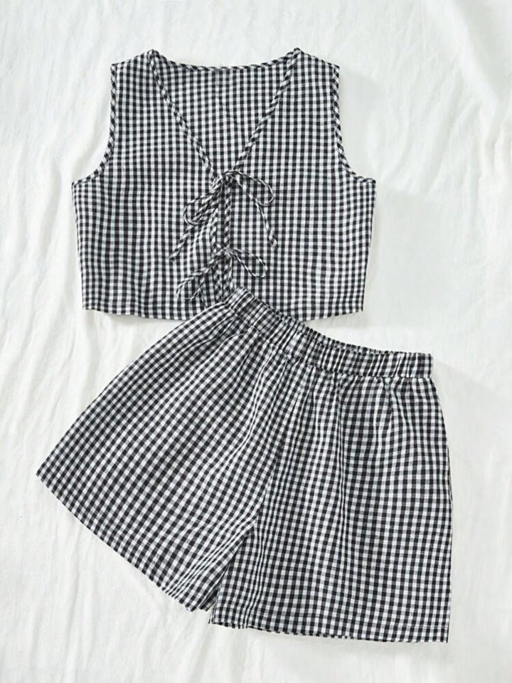 AMY™ – Zweiteiliges kariertes gestreiftes Weste- und hoch tailliertes lockeres Shorts-Set