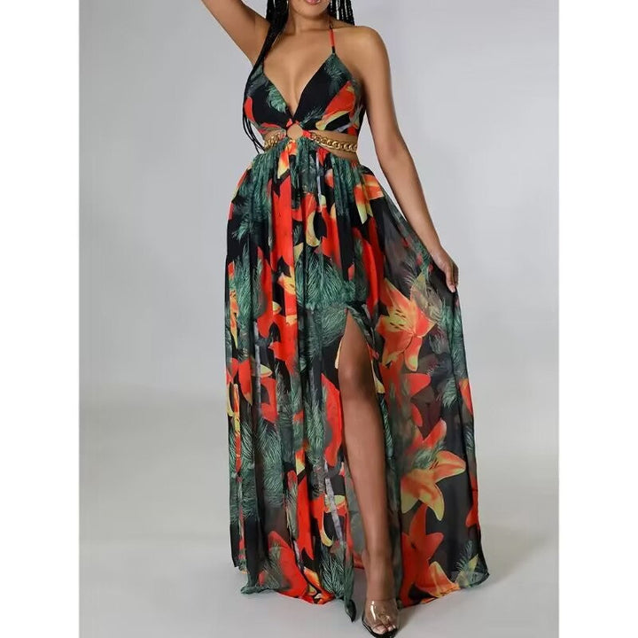 HANNAH™ - Camisole-Kleid mit Blumenmuster, Kettenverzierung und Beinschlitz für den Strandurlaub