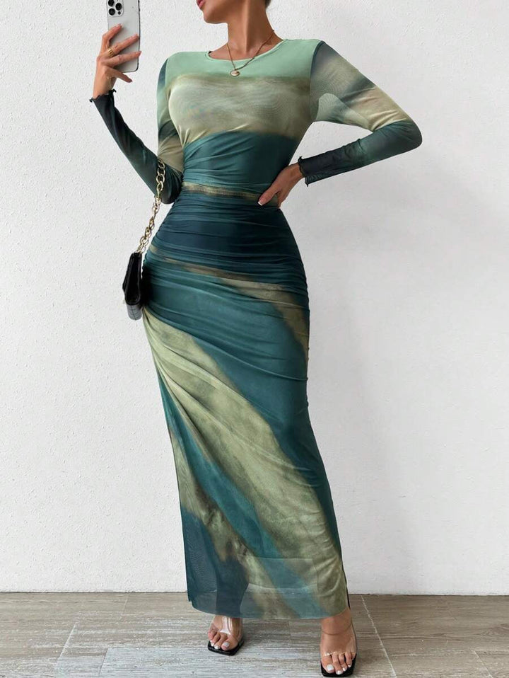 TORINA™ - Gemütliches, bedrucktes, langärmeliges Bodycon-Maxikleid mit Rundhalsausschnitt