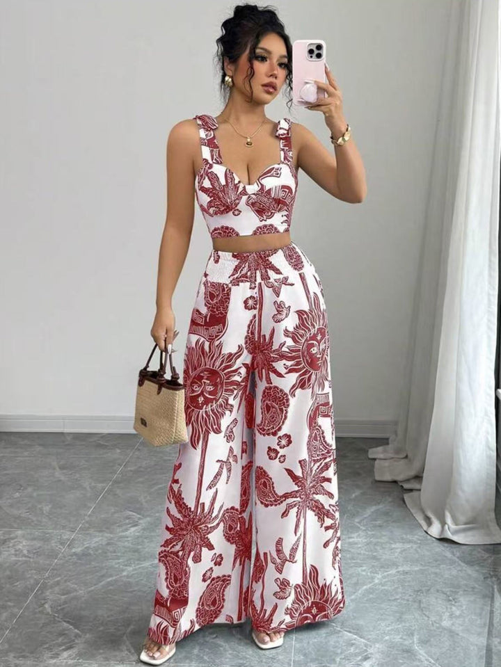 THAWDI™ - Elegantes Boho-Set mit bedrucktem Crop-Top und weiten Hosen