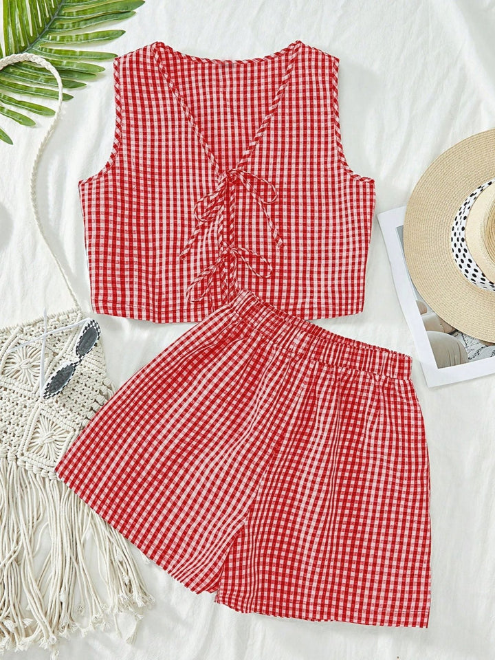 AMY™ – Zweiteiliges kariertes gestreiftes Weste- und hoch tailliertes lockeres Shorts-Set