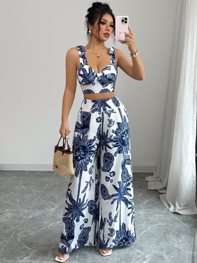 THAWDI™ - Elegantes Boho-Set mit bedrucktem Crop-Top und weiten Hosen