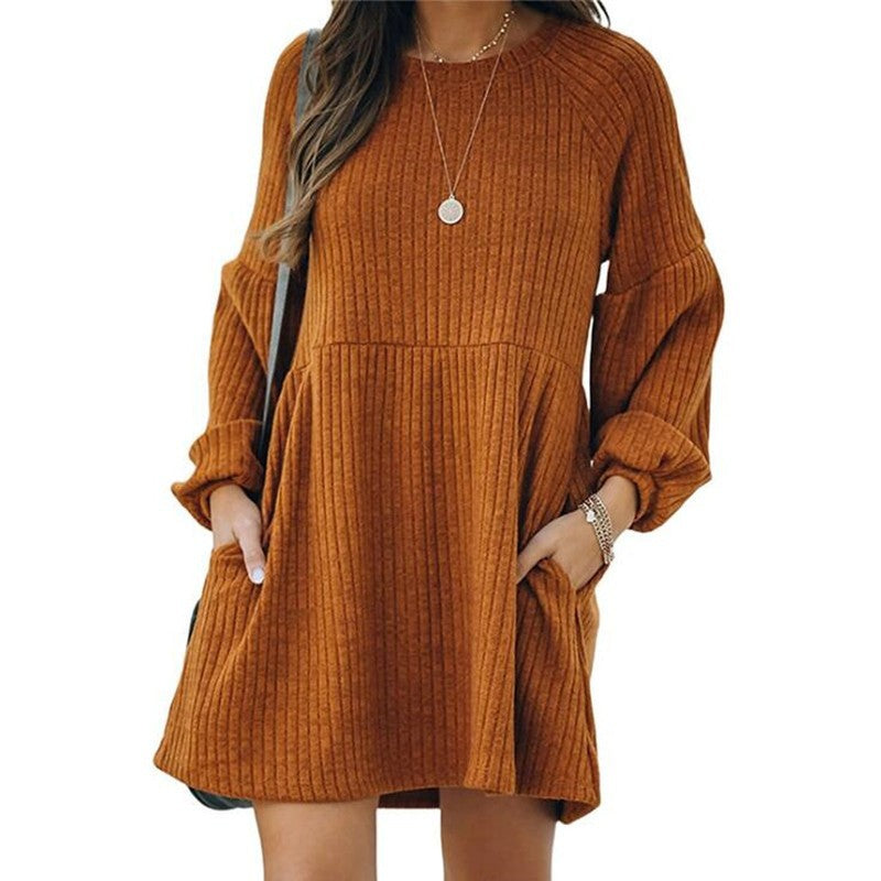 SAKA™ - Gemütliches geripptes Mini-Kleid mit Rundhalsausschnitt und Bischofsärmeln
