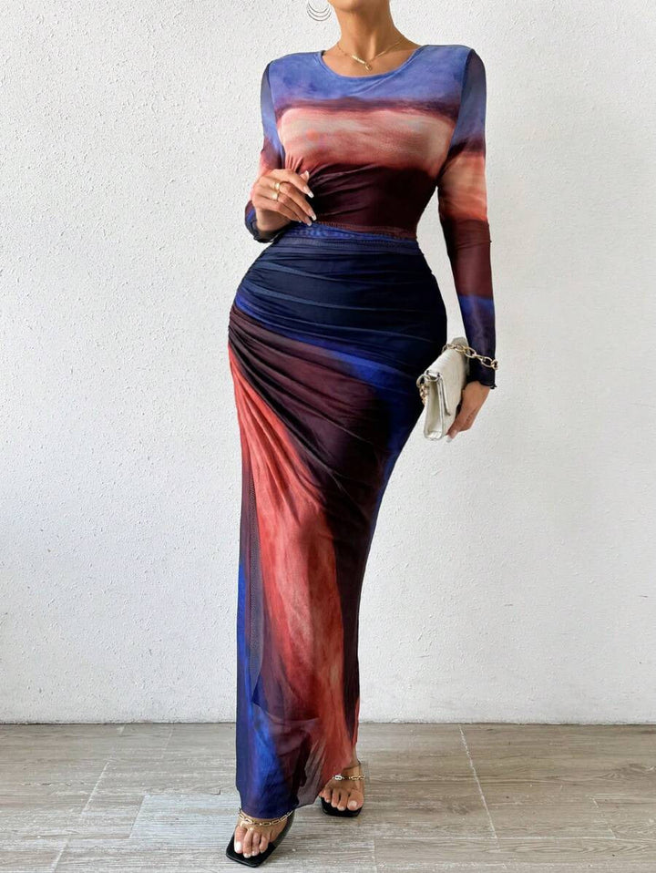 TORINA™ - Gemütliches, bedrucktes, langärmeliges Bodycon-Maxikleid mit Rundhalsausschnitt
