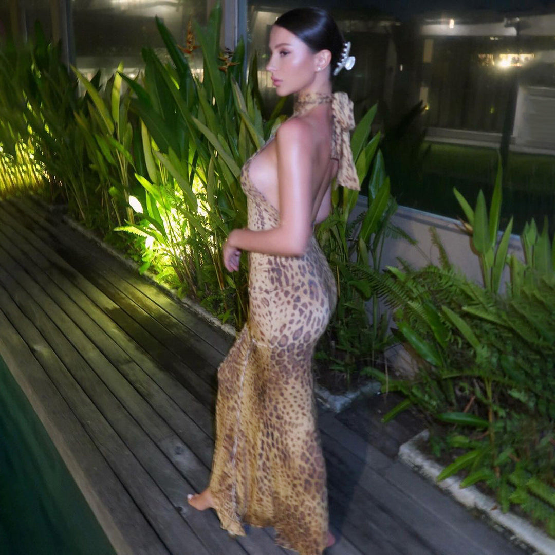SABINA™ - Anmutiges rückenfreies ärmelloses Maxikleid mit Leopardenmuster