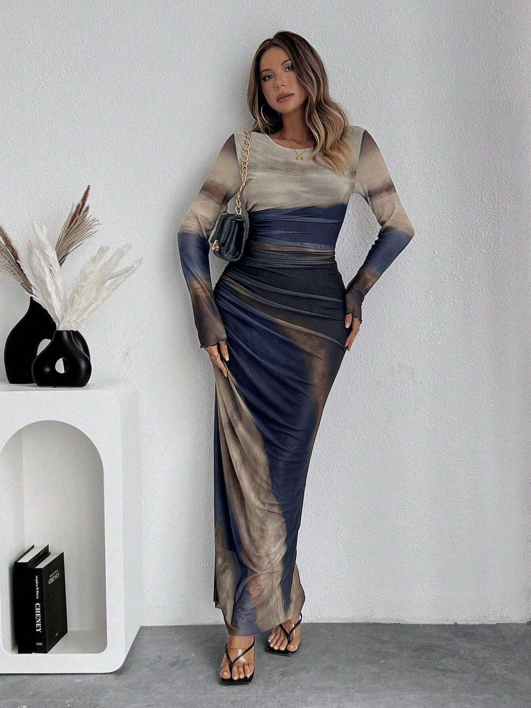 TORINA™ - Gemütliches, bedrucktes, langärmeliges Bodycon-Maxikleid mit Rundhalsausschnitt