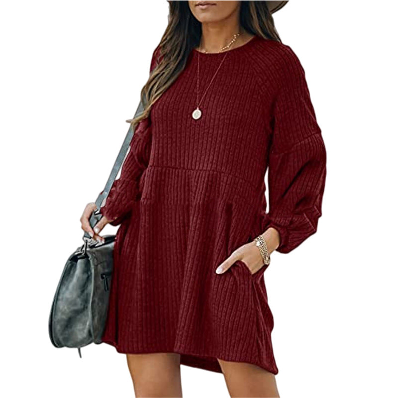 SAKA™ - Gemütliches geripptes Mini-Kleid mit Rundhalsausschnitt und Bischofsärmeln