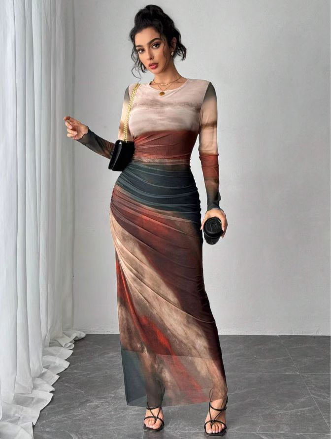 TORINA™ - Gemütliches, bedrucktes, langärmeliges Bodycon-Maxikleid mit Rundhalsausschnitt