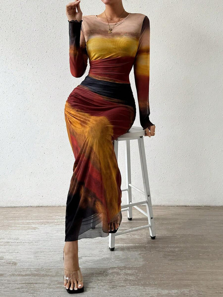 TORINA™ - Gemütliches, bedrucktes, langärmeliges Bodycon-Maxikleid mit Rundhalsausschnitt