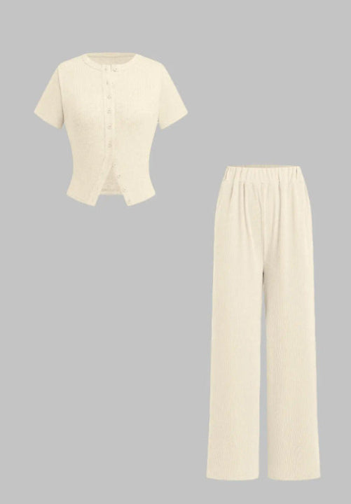 MIRANDA™ - Legeres Oberteil mit Knopfleiste und Hose mit weitem Bein Set
