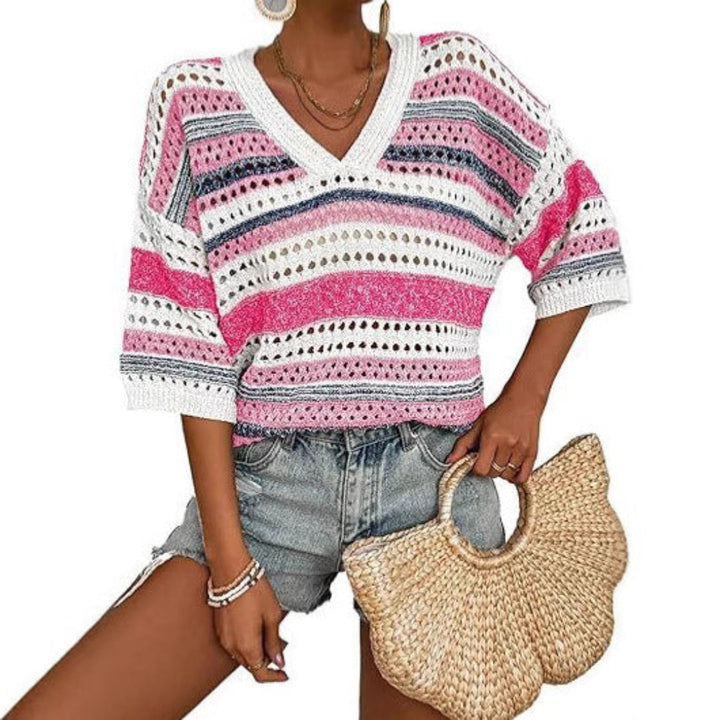 KELISE™ – Lässiges gestreiftes Häkel-V-Ausschnitt-Sommer-Top