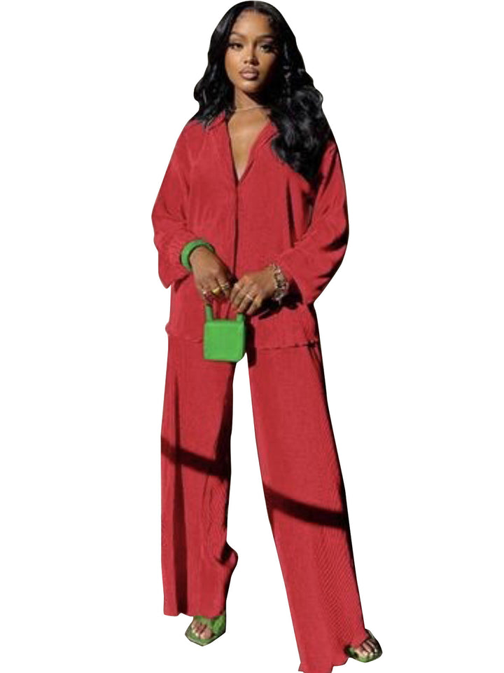 CLEO™ – Elegantes Set aus langärmligem Oberteil mit Kragen und weiter Hose