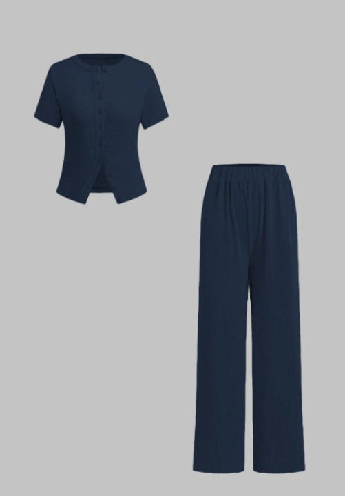 MIRANDA™ - Legeres Oberteil mit Knopfleiste und Hose mit weitem Bein Set