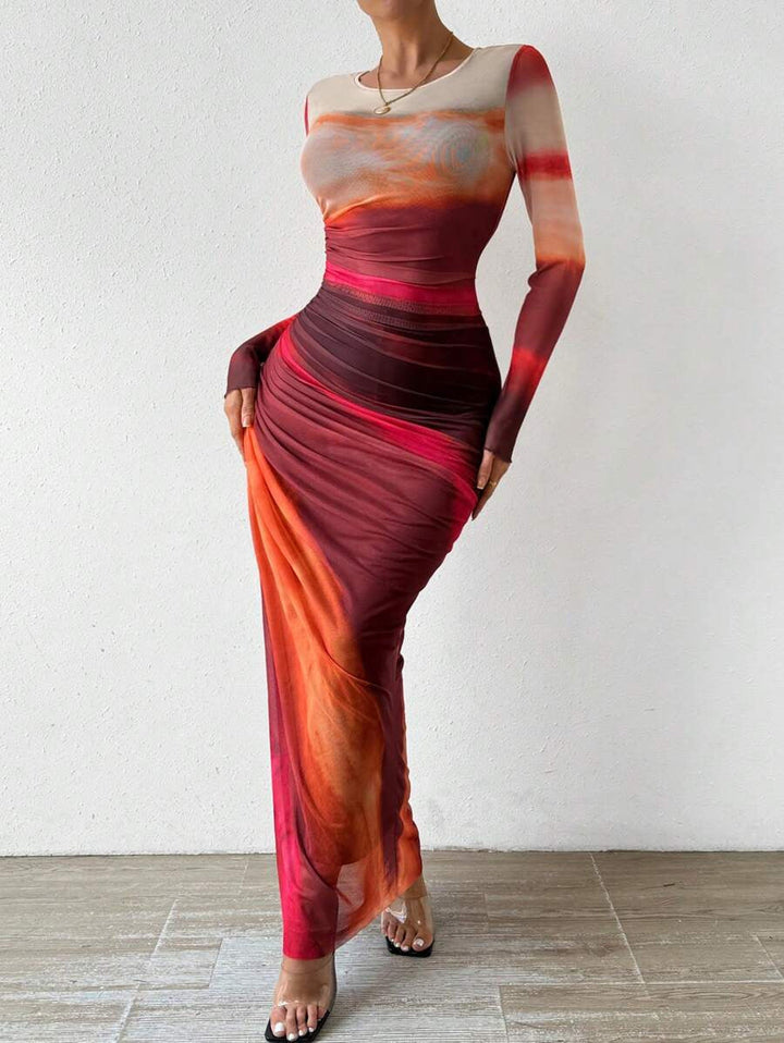 TORINA™ - Gemütliches, bedrucktes, langärmeliges Bodycon-Maxikleid mit Rundhalsausschnitt