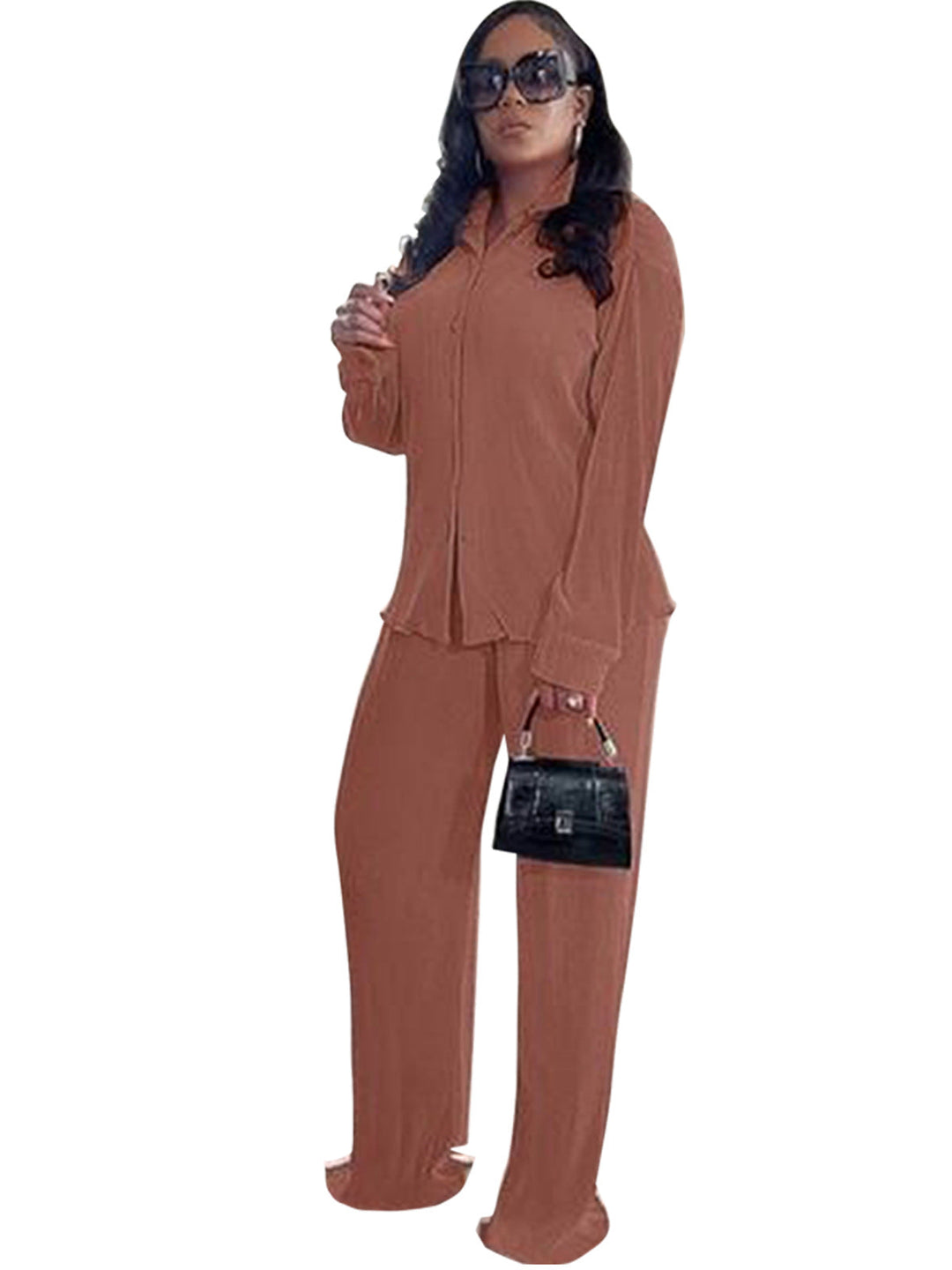 CLEO™ – Elegantes Set aus langärmligem Oberteil mit Kragen und weiter Hose