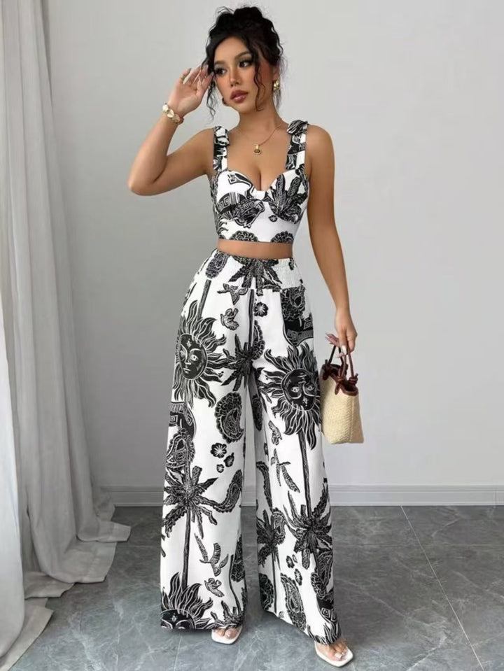 THAWDI™ - Elegantes Boho-Set mit bedrucktem Crop-Top und weiten Hosen