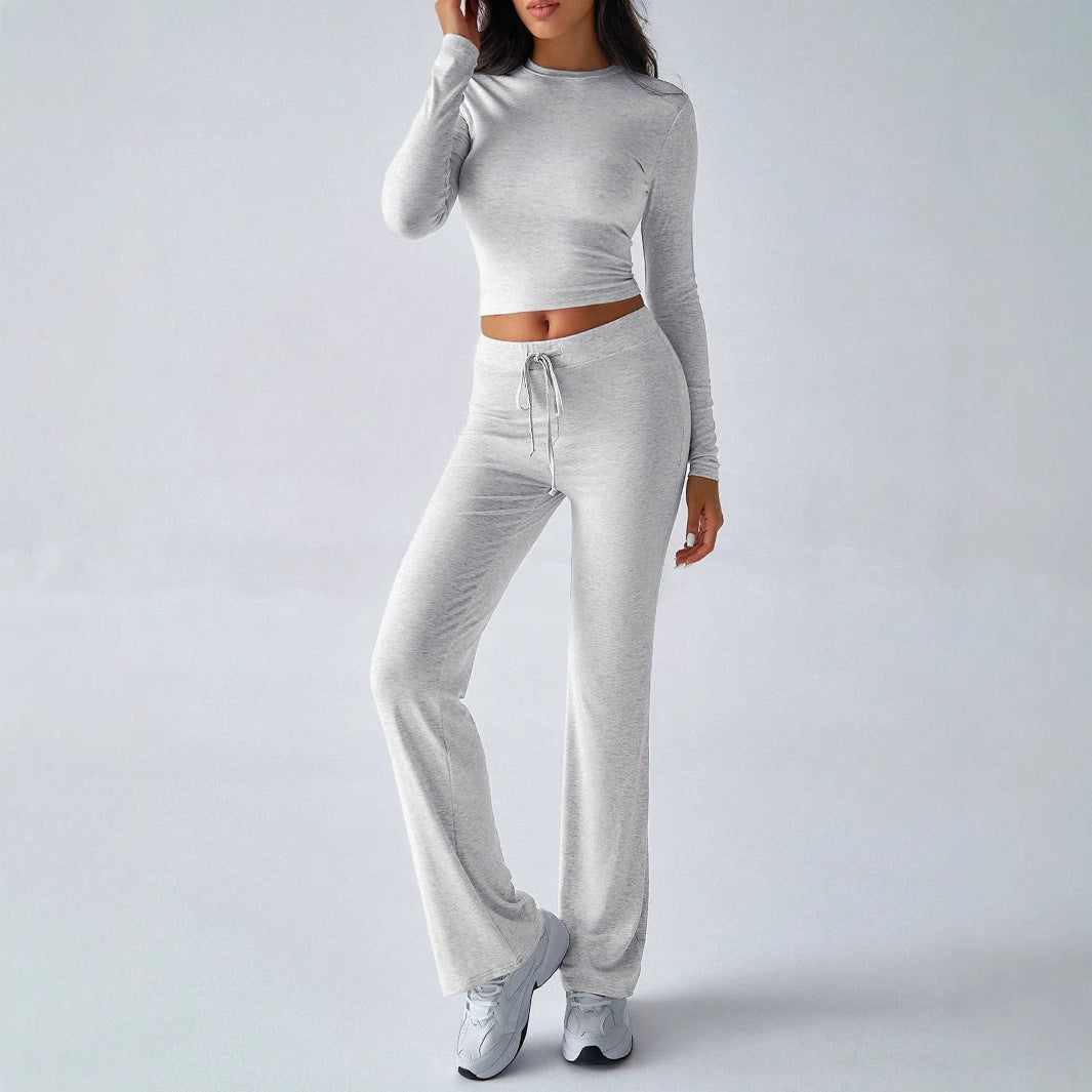 KUTIS™ – Freizeit-Set aus bauchfreiem Oberteil mit Rundhalsausschnitt und hoch taillierter Hose mit Kordelzug