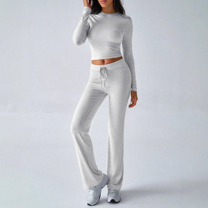 KUTIS™ – Freizeit-Set aus bauchfreiem Oberteil mit Rundhalsausschnitt und hoch taillierter Hose mit Kordelzug