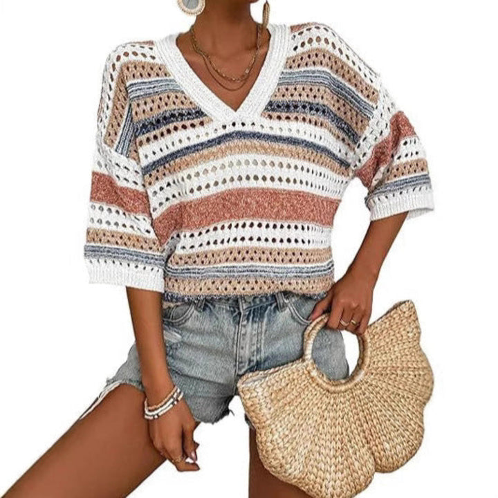 KELISE™ – Lässiges gestreiftes Häkel-V-Ausschnitt-Sommer-Top
