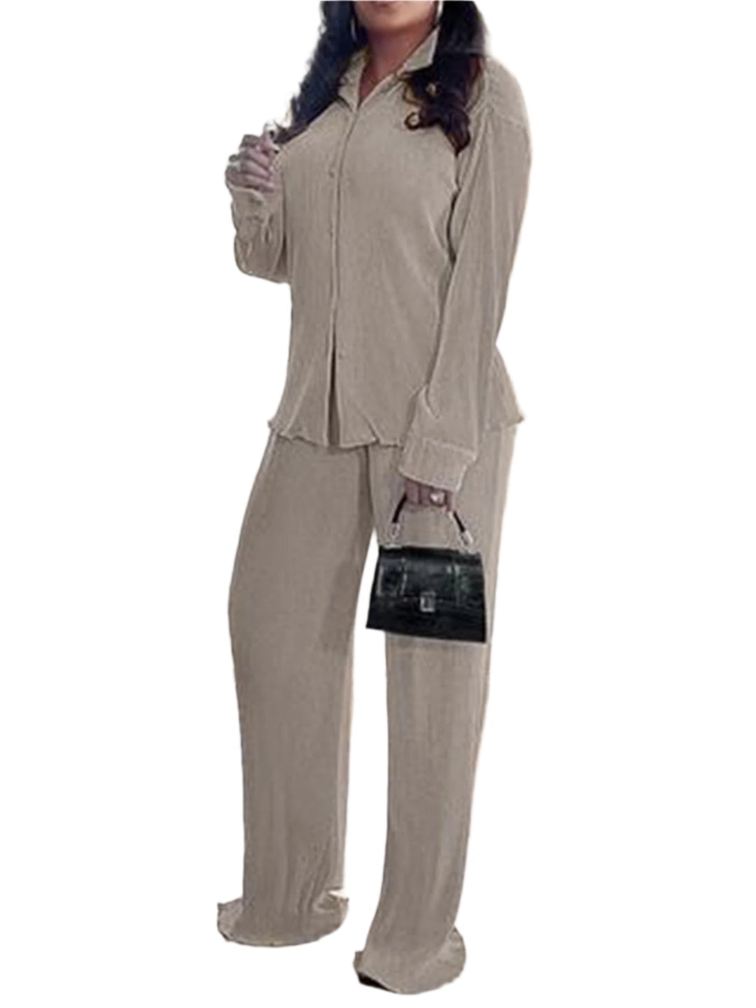 CLEO™ – Elegantes Set aus langärmligem Oberteil mit Kragen und weiter Hose