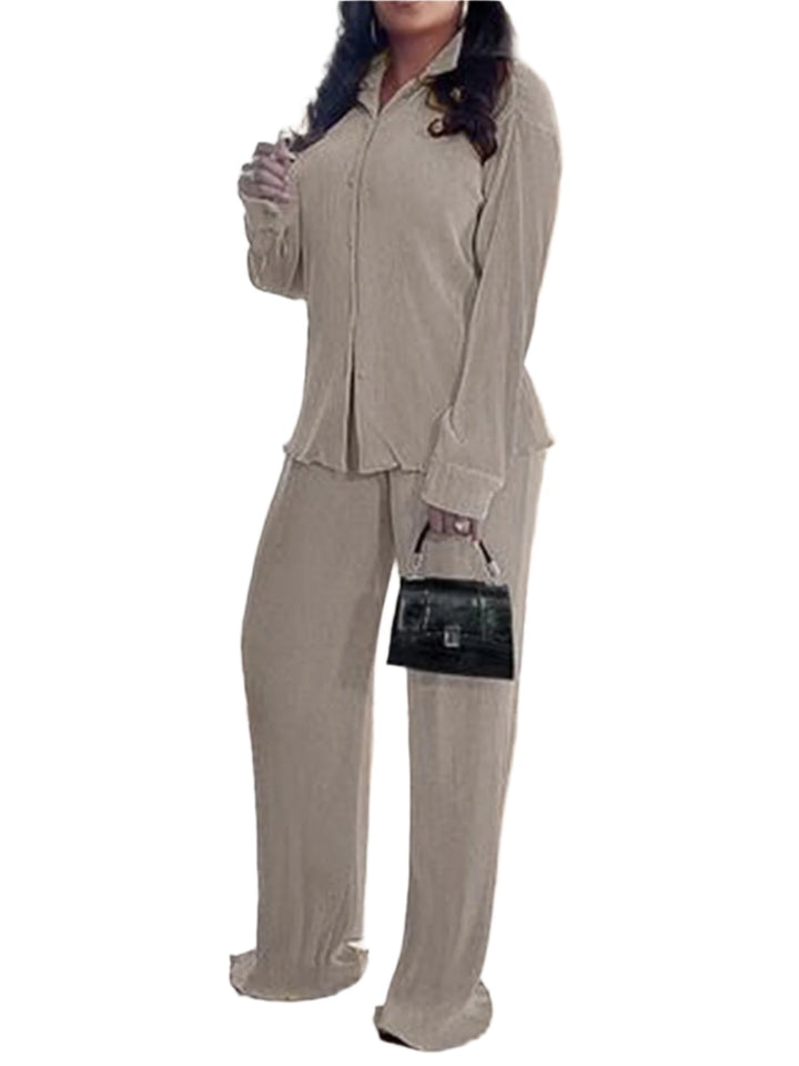 CLEO™ – Elegantes Set aus langärmligem Oberteil mit Kragen und weiter Hose