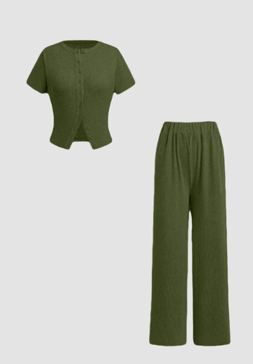 MIRANDA™ - Legeres Oberteil mit Knopfleiste und Hose mit weitem Bein Set