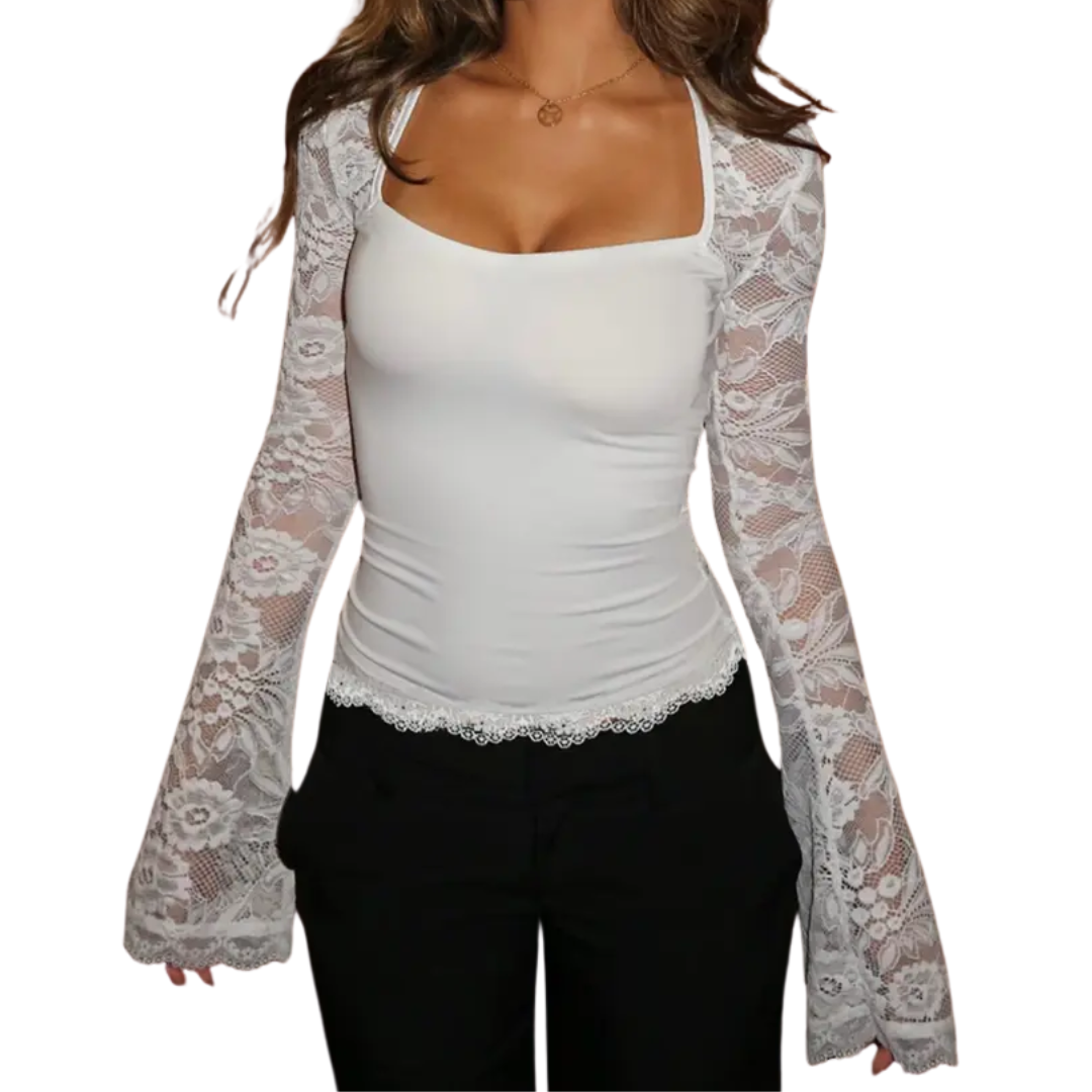 LENNA™ – Durchsichtiges Spitzen-T-Shirt mit Blumenrüschen