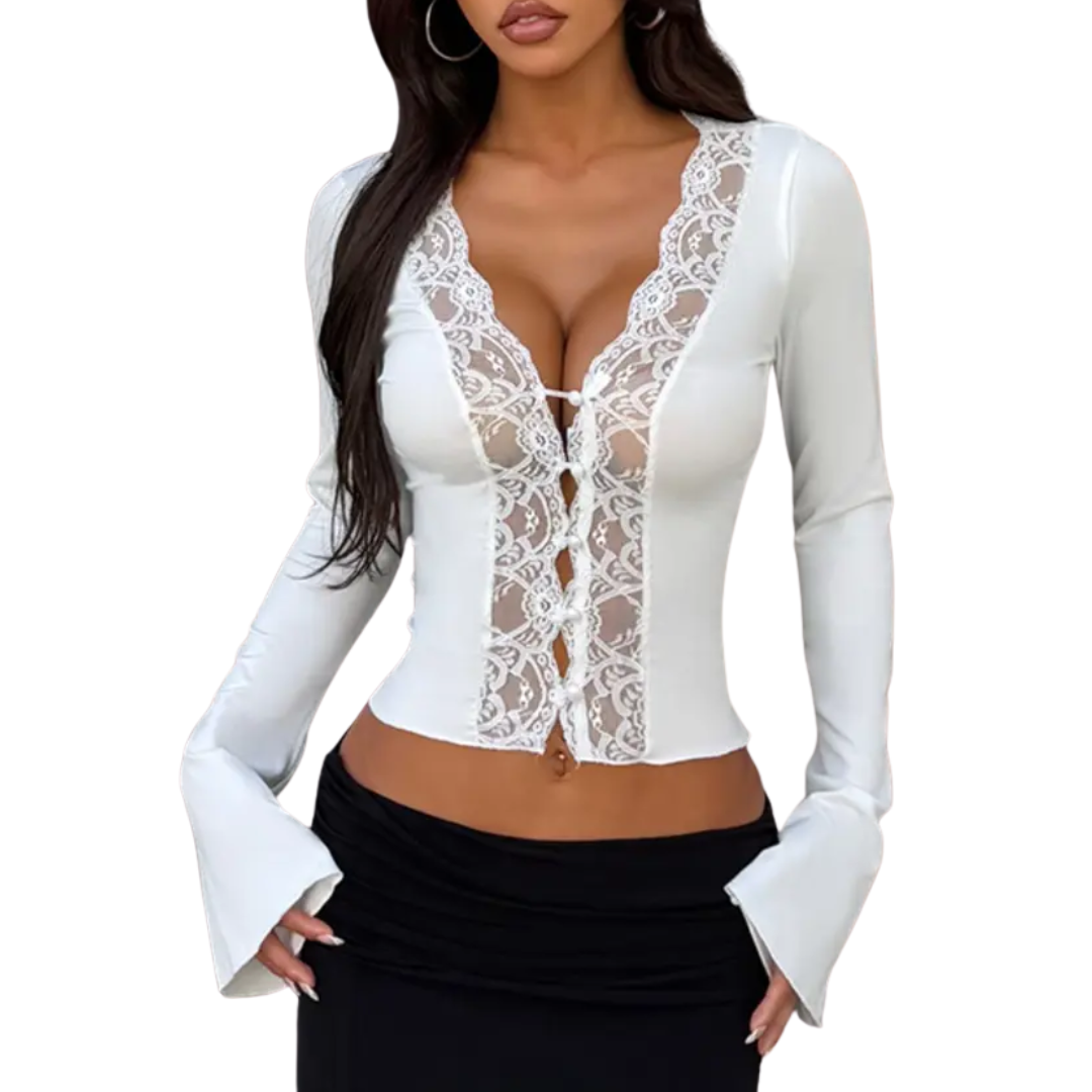 CECELIA™ – Kontrast-Spitzenbluse mit Knopfleiste