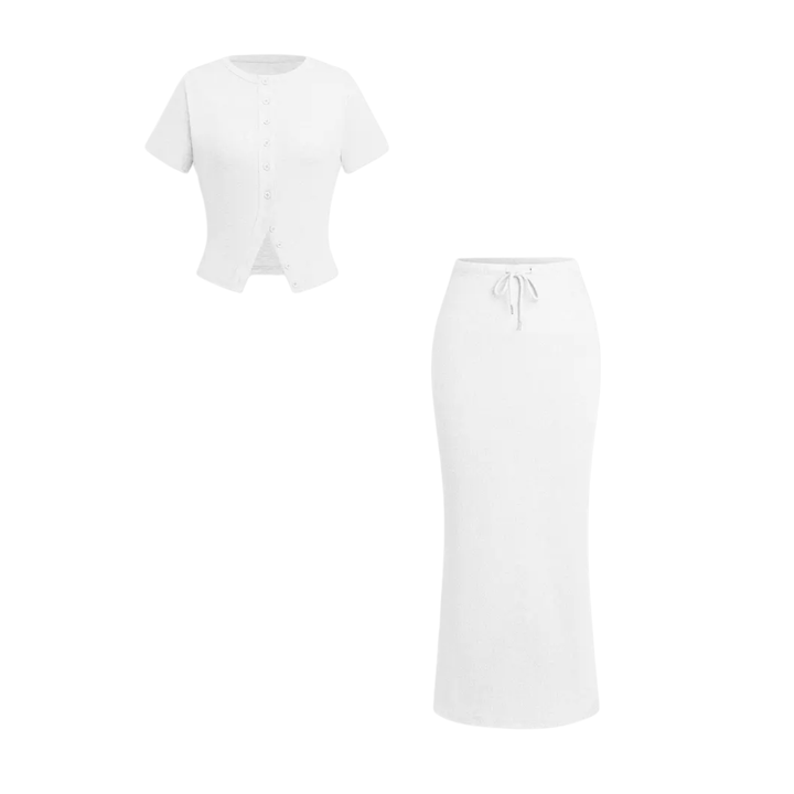 WREN™ – Elegantes zweiteiliges Set aus T-Shirt mit Knopfleiste und Rock mit Schlitz