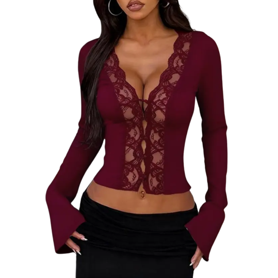 CECELIA™ – Kontrast-Spitzenbluse mit Knopfleiste
