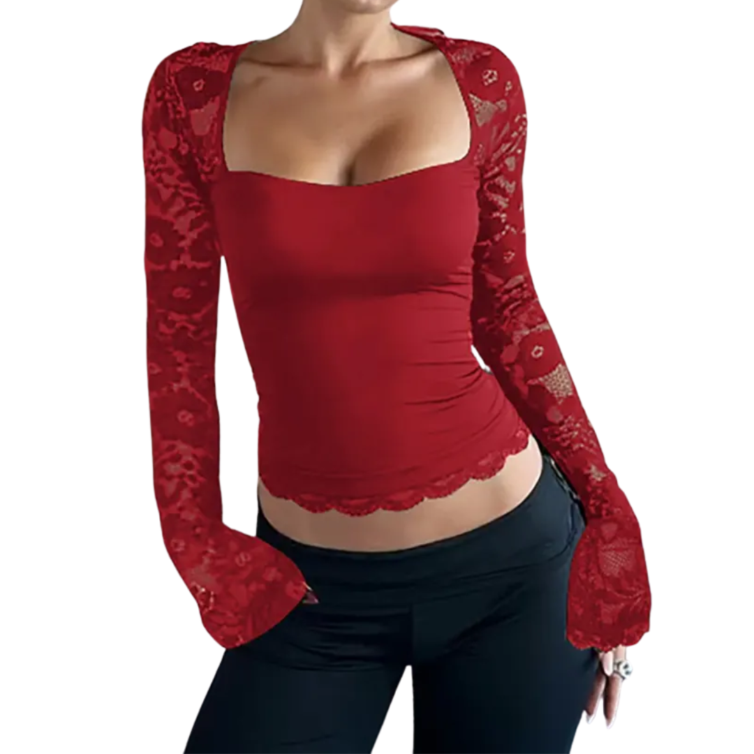LENNA™ – Durchsichtiges Spitzen-T-Shirt mit Blumenrüschen