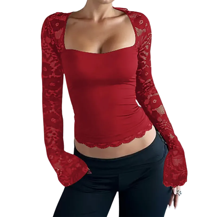 LENNA™ – Durchsichtiges Spitzen-T-Shirt mit Blumenrüschen