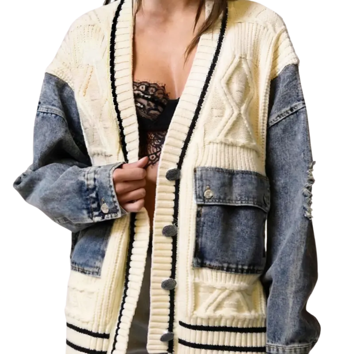 FRANCEL™ – Entspannter Denim-Patchwork-Strickcardigan