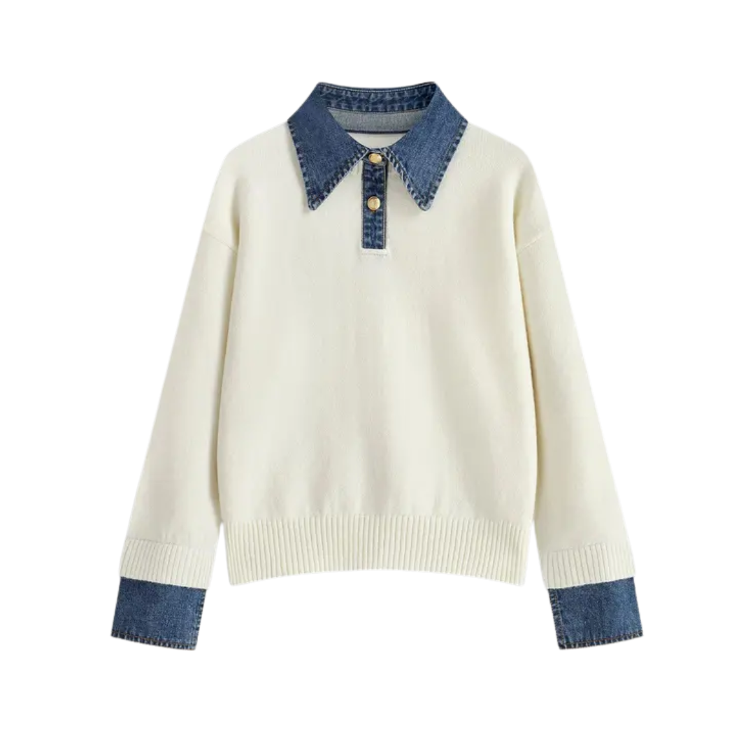 SOLVEI™ – Gemütlicher Polo Denim Ärmel 2-in-1 Panel Revers Pullover