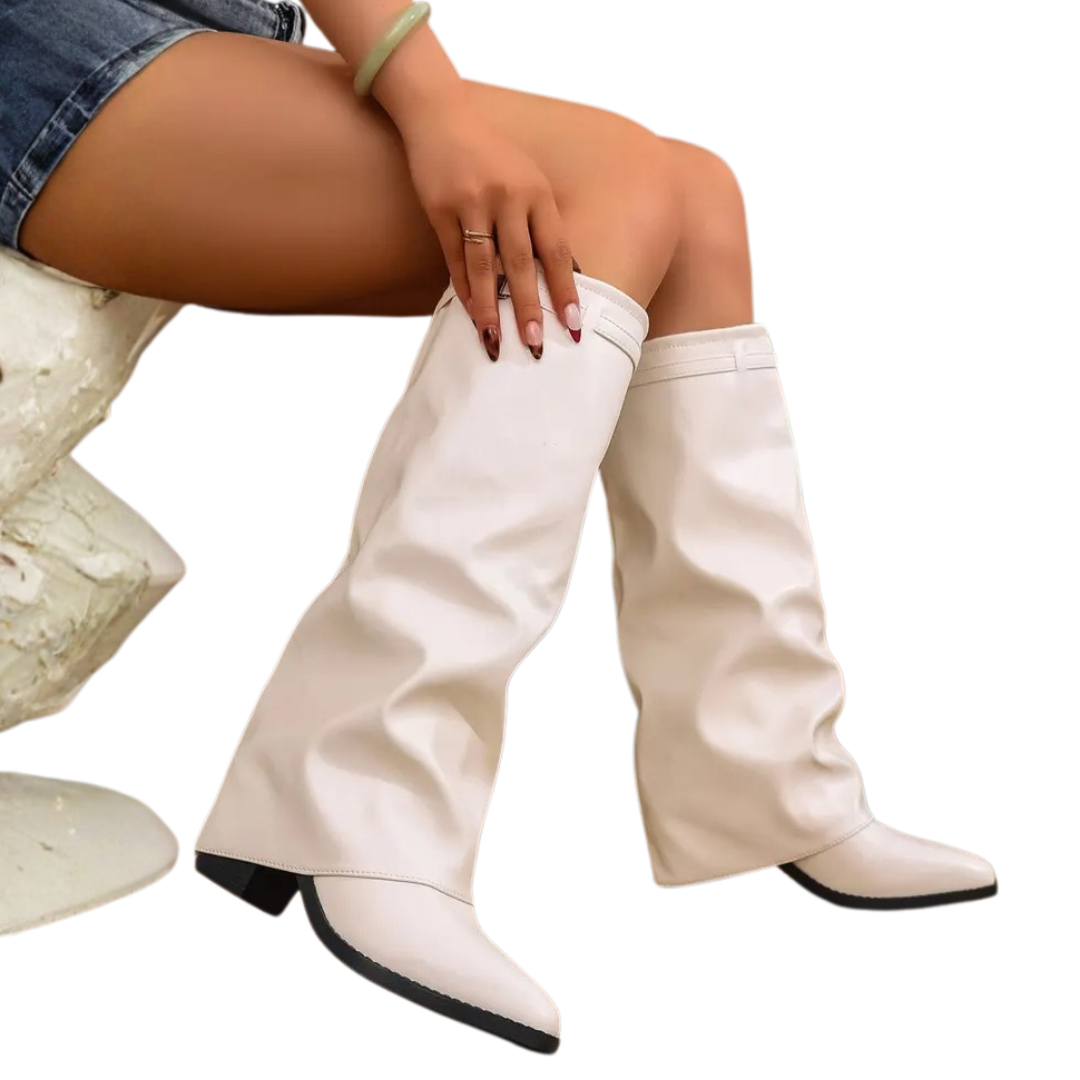BRYNDIS™ – Plissierte kniehohe Stiefel mit Blockabsatz aus PU-Leder
