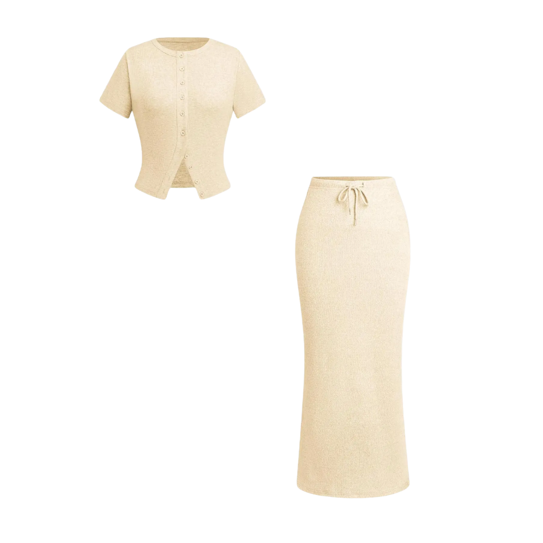 WREN™ – Elegantes zweiteiliges Set aus T-Shirt mit Knopfleiste und Rock mit Schlitz