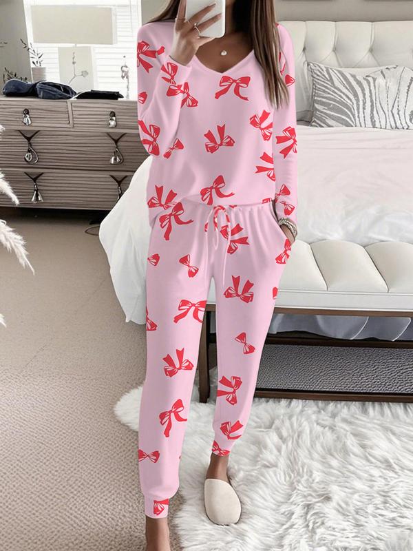HALLIE™ - Langarm-Oberteil mit Schleifenmuster und V-Ausschnitt & Hose mit Bindeband in der Taille Set