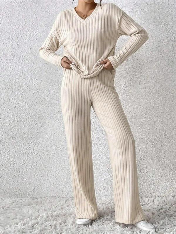 SUMMER™ - Lässiges V-Ausschnitt Langarm-Oberteil & Lounge-Hose mit geradem Bein Set