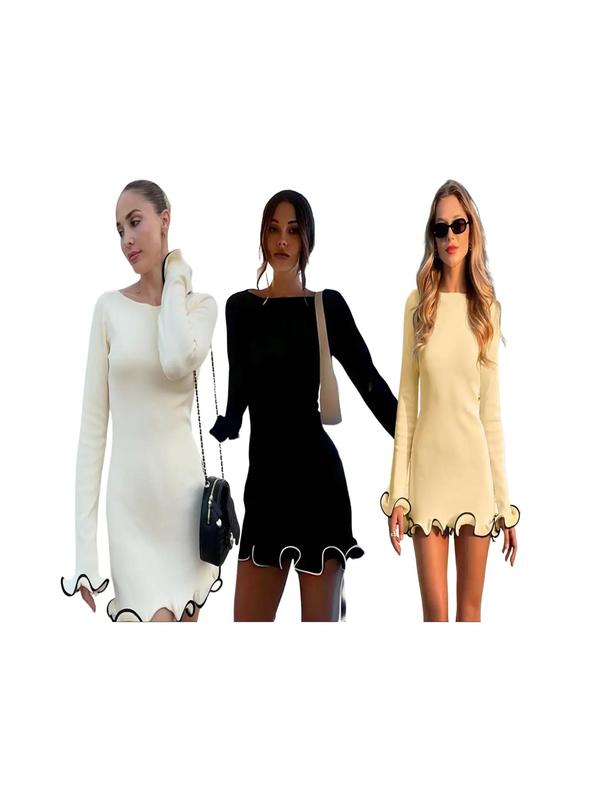 SARAH™ - Elegantes Colorblock A-Linien-Kleid mit Wellensaum und langen Ärmeln